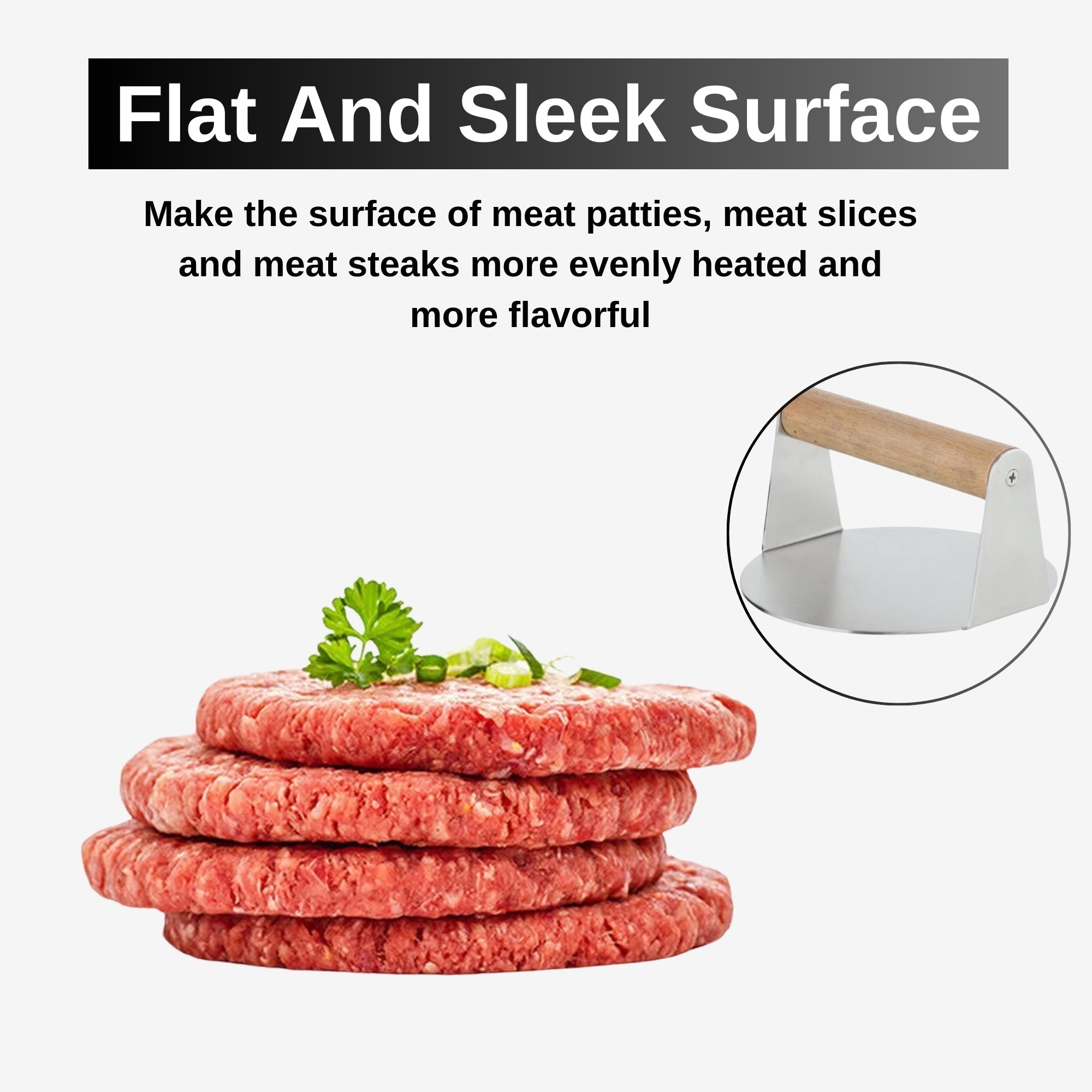 Extra Wide Stainless Steel Burger Smasher | Food-Grade Round Smasher with Wooden Handle