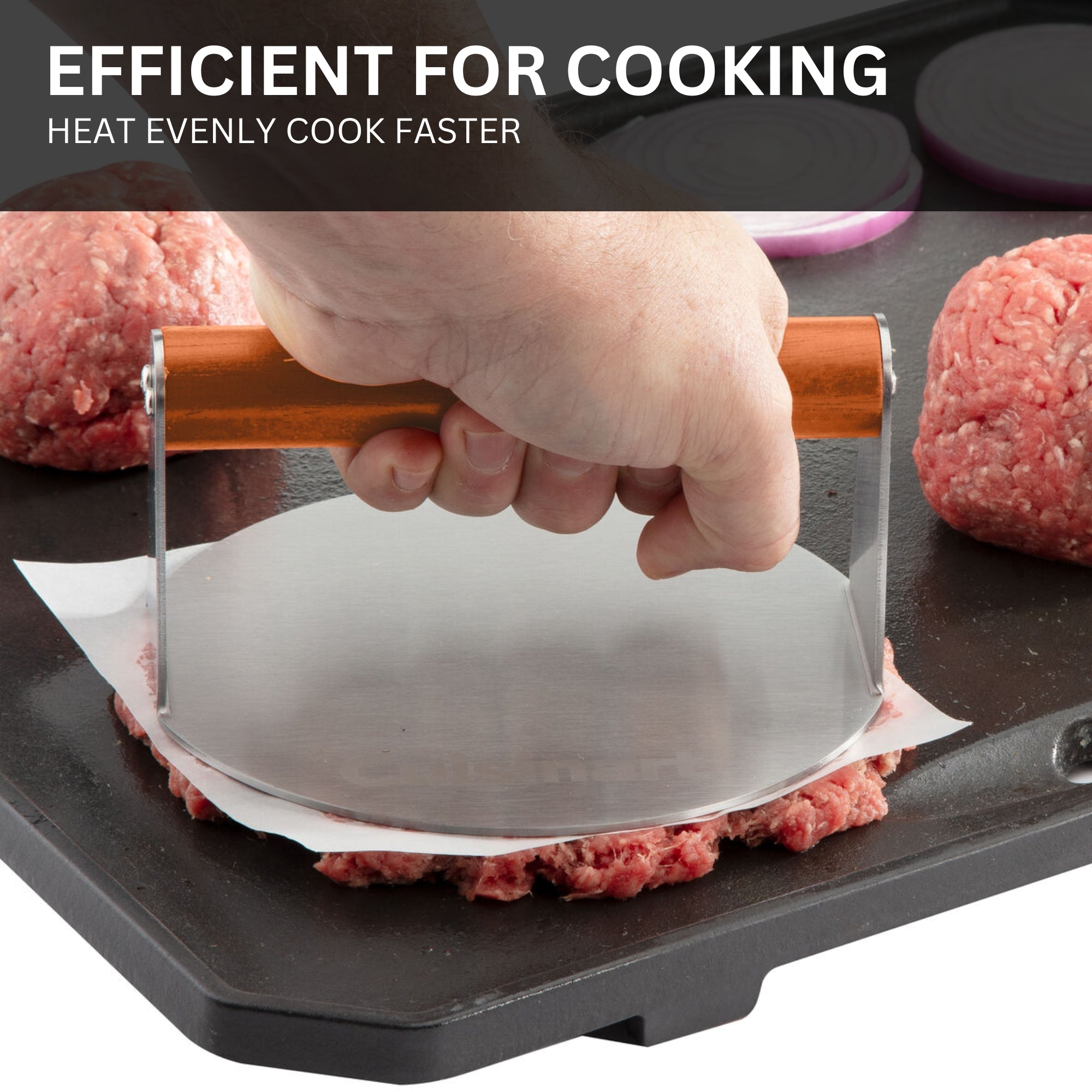 Extra Wide Stainless Steel Burger Smasher | Food-Grade Round Smasher with Wooden Handle