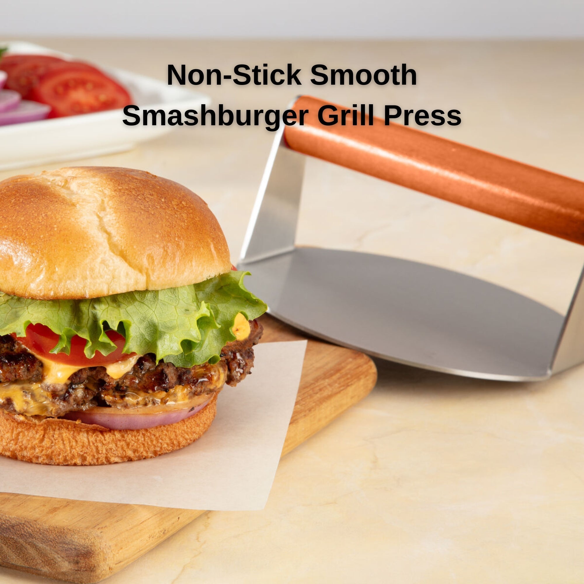 Extra Wide Stainless Steel Burger Smasher | Food-Grade Round Smasher with Wooden Handle