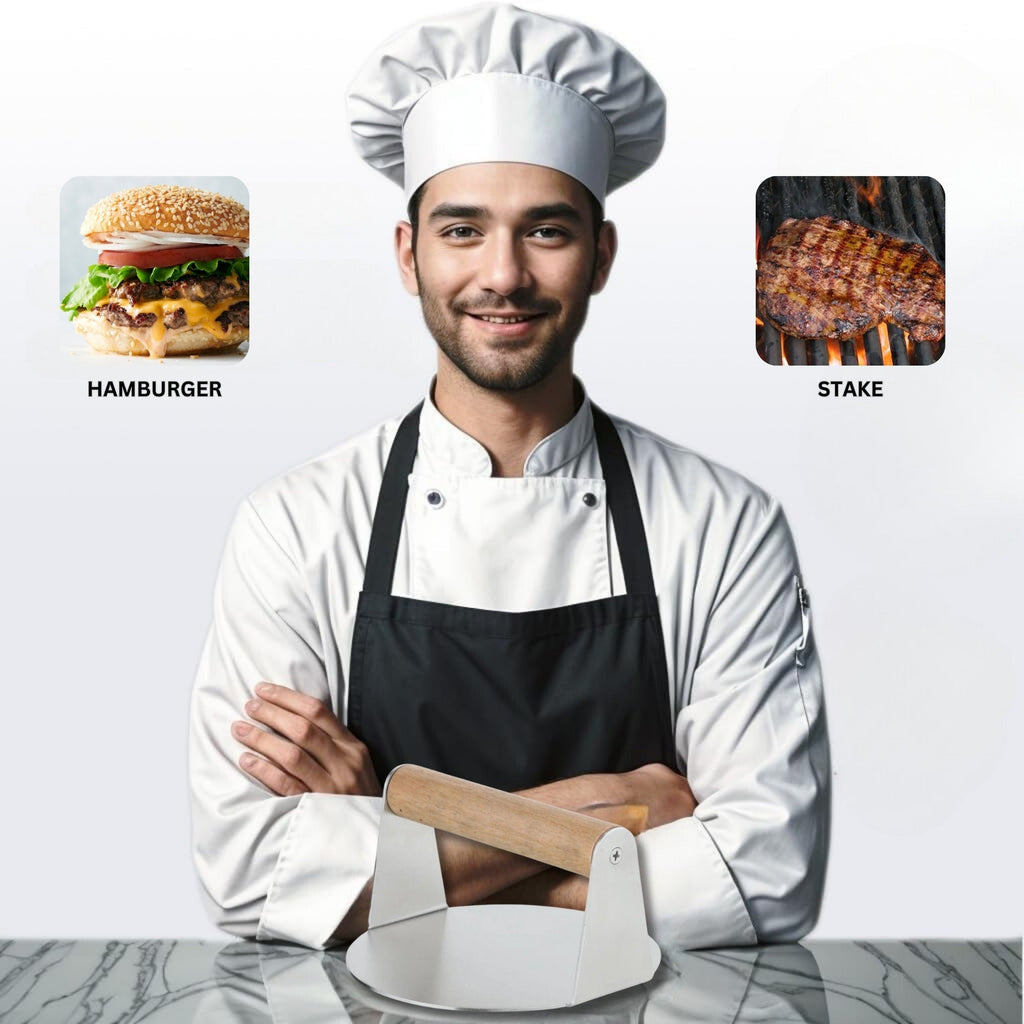 Extra Wide Stainless Steel Burger Smasher | Food-Grade Round Smasher with Wooden Handle
