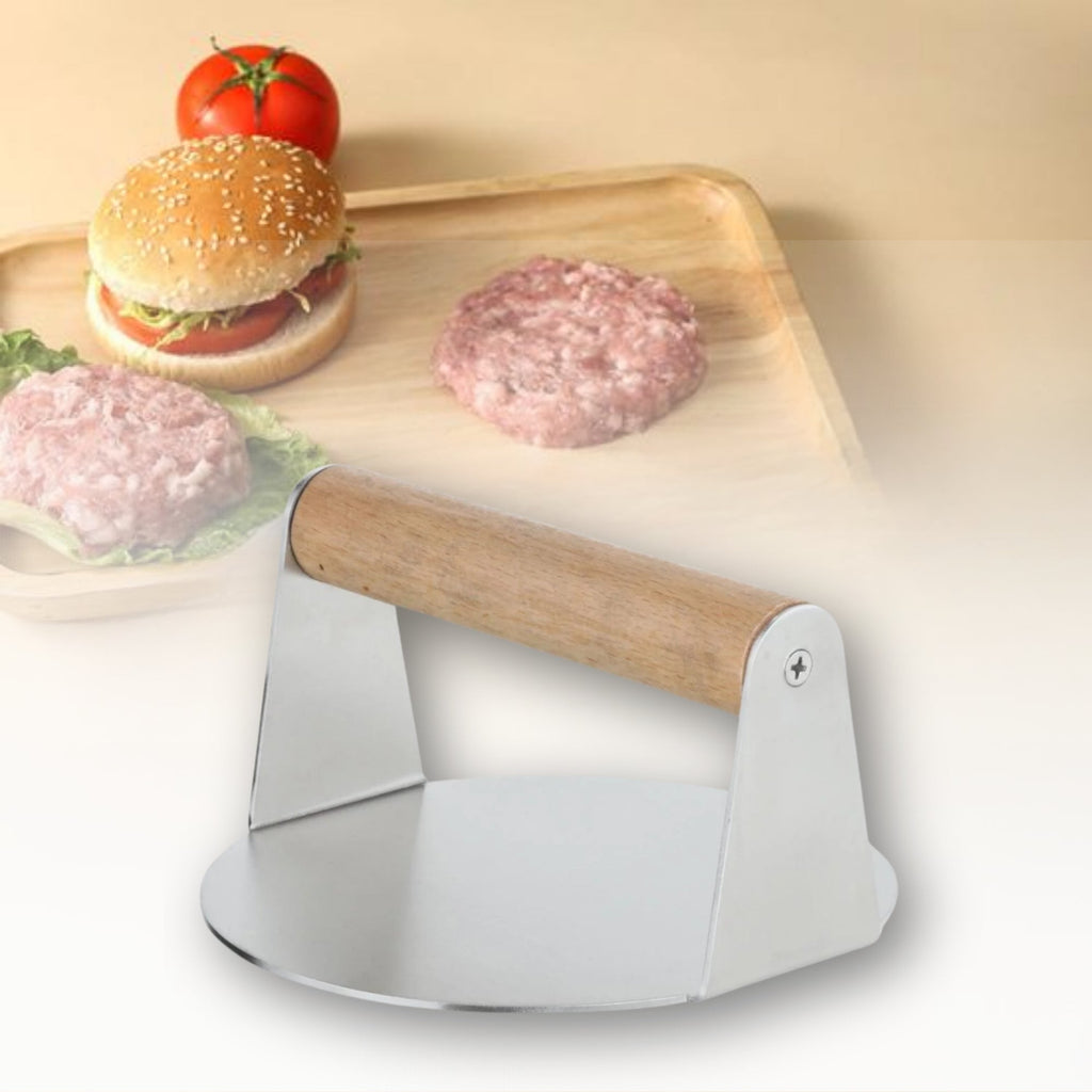 Extra Wide Stainless Steel Burger Smasher | Food-Grade Round Smasher with Wooden Handle
