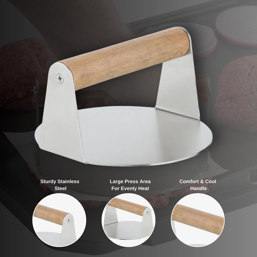 Extra Wide Stainless Steel Burger Smasher | Food-Grade Round Smasher with Wooden Handle
