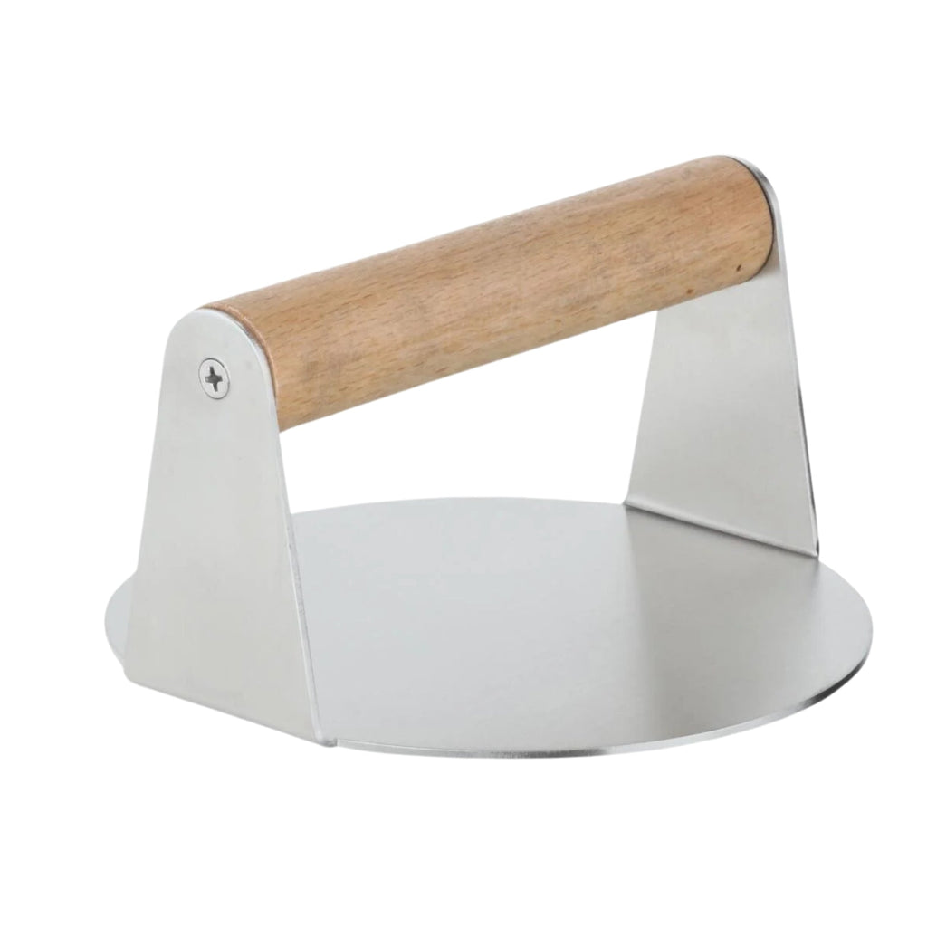 Extra Wide Stainless Steel Burger Smasher | Food-Grade Round Smasher with Wooden Handle