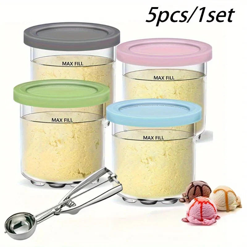 Ice Cream Container Set with Lid and Spoon, Leak Proof, Freezer Safe, Reusable, Round, Kitchen Organiser