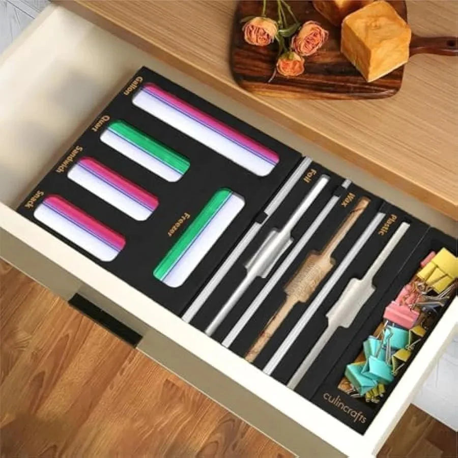 Kitchen Drawer Bag Organizer Bamboo Storage Organizer Holder for Gallon Quart Sandwich and Snack Bags Foil and Plastic Wrap Sto
