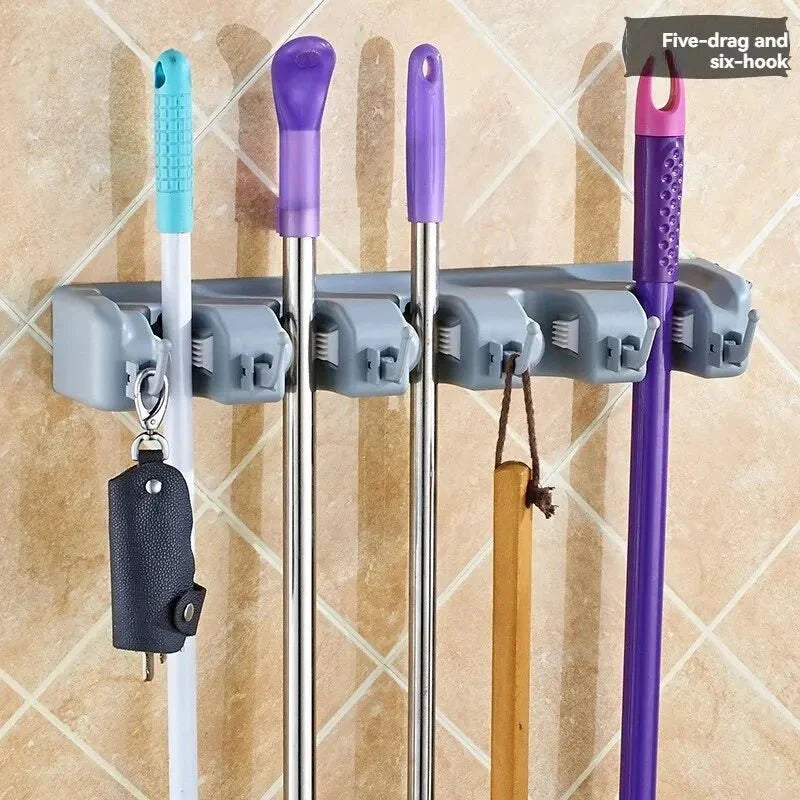 Wall Mounted Broom and Mop Holder – 5 Slot Kitchen Organizer