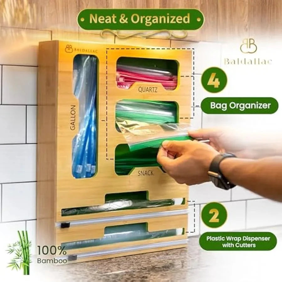Ziplock Bag Organizer – Bamboo Drawer Storage with Cutter