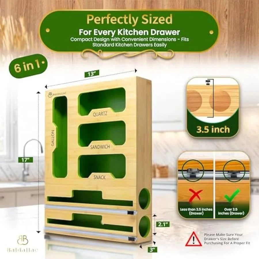 Ziplock Bag Organizer – Bamboo Drawer Storage with Cutter