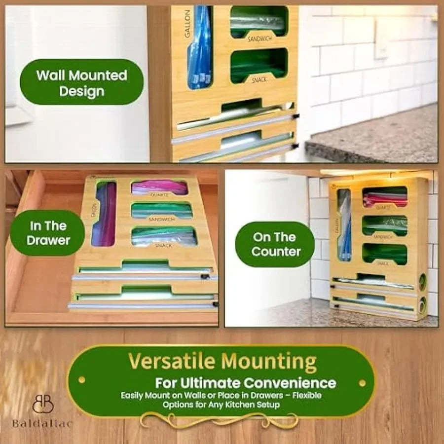 Ziplock Bag Organizer – Bamboo Drawer Storage with Cutter