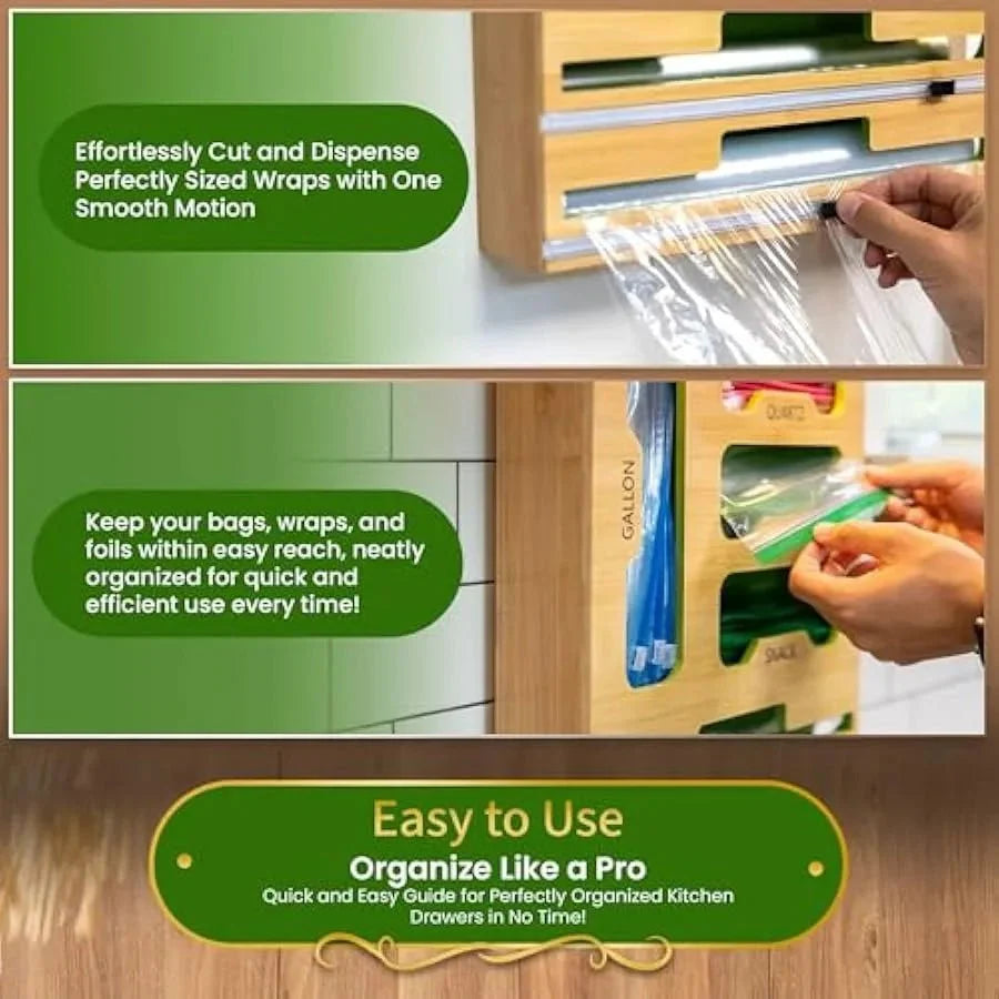 Ziplock Bag Organizer – Bamboo Drawer Storage with Cutter