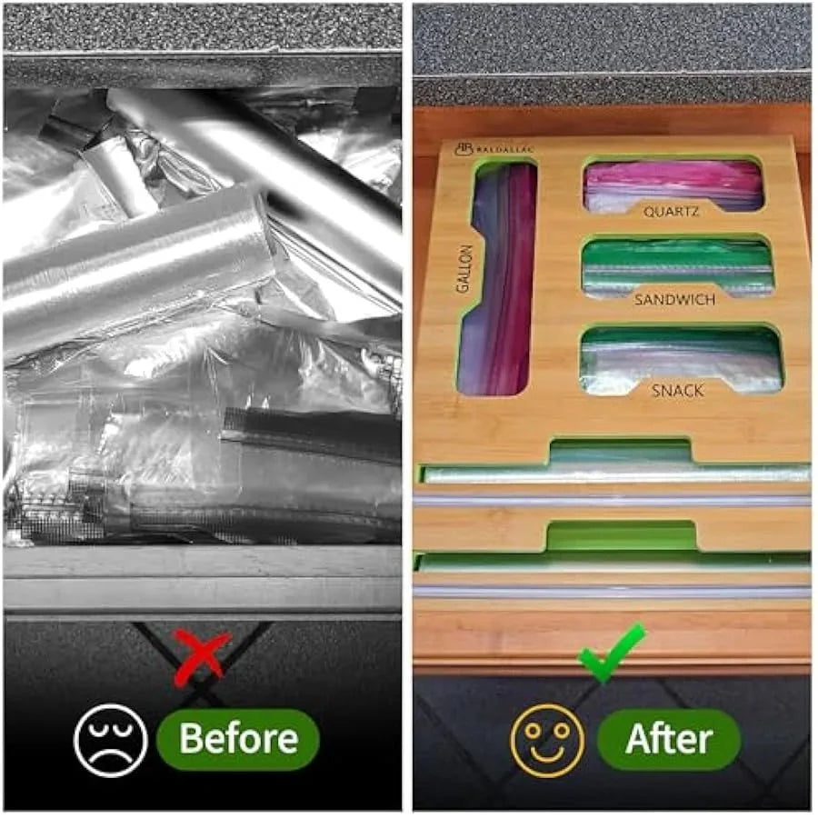 Ziplock Bag Organizer – Bamboo Drawer Storage with Cutter
